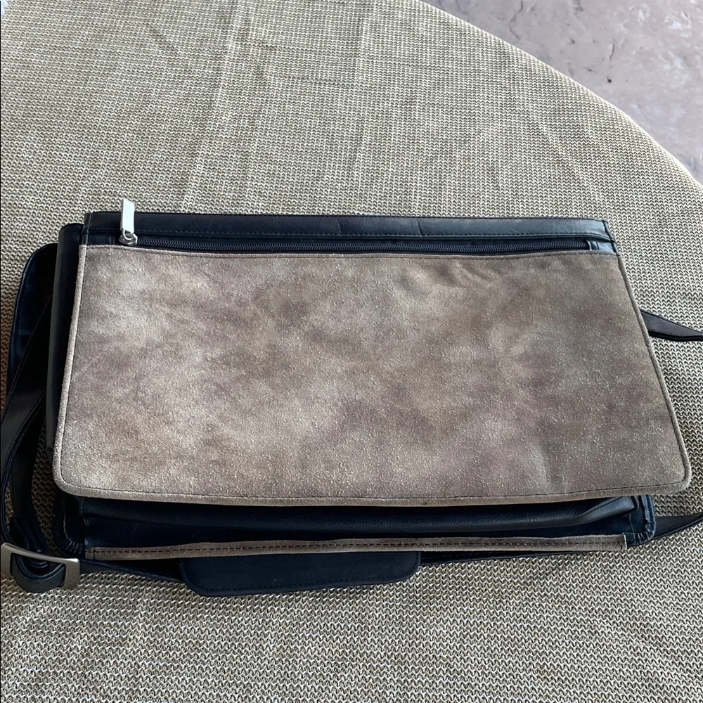 Stetson Taupe Brown Suede Men's Briefcase and laptop with Black Trim.